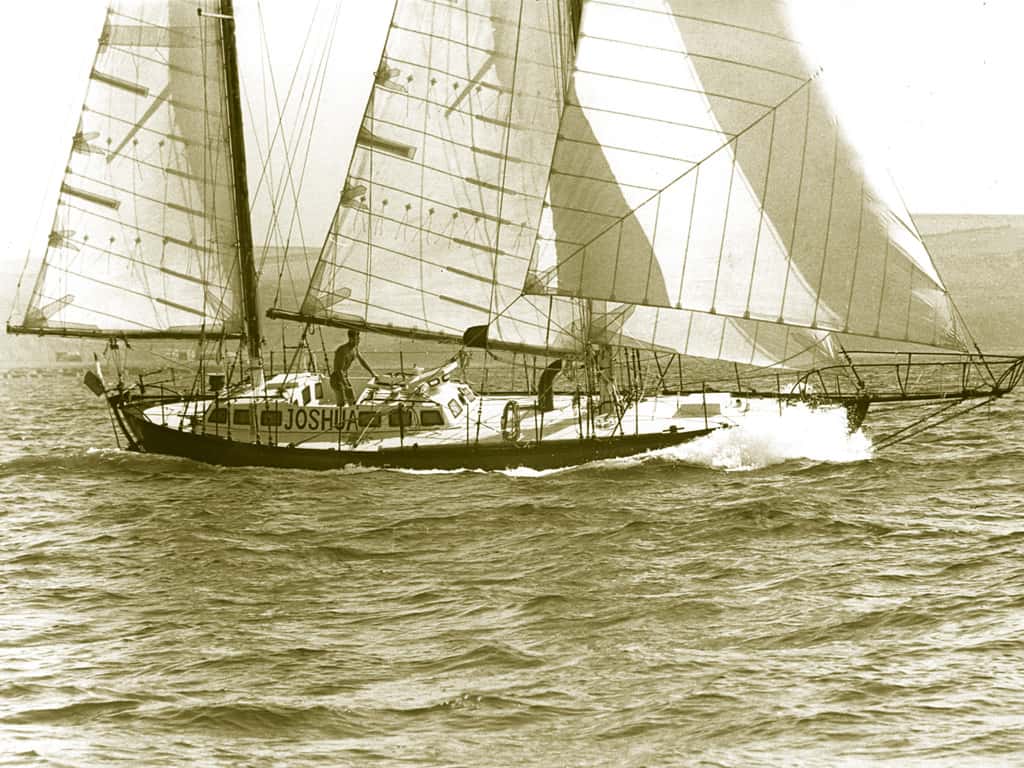 Bernard Moitessier sailing his ketch rigged yacht 'Joshua'